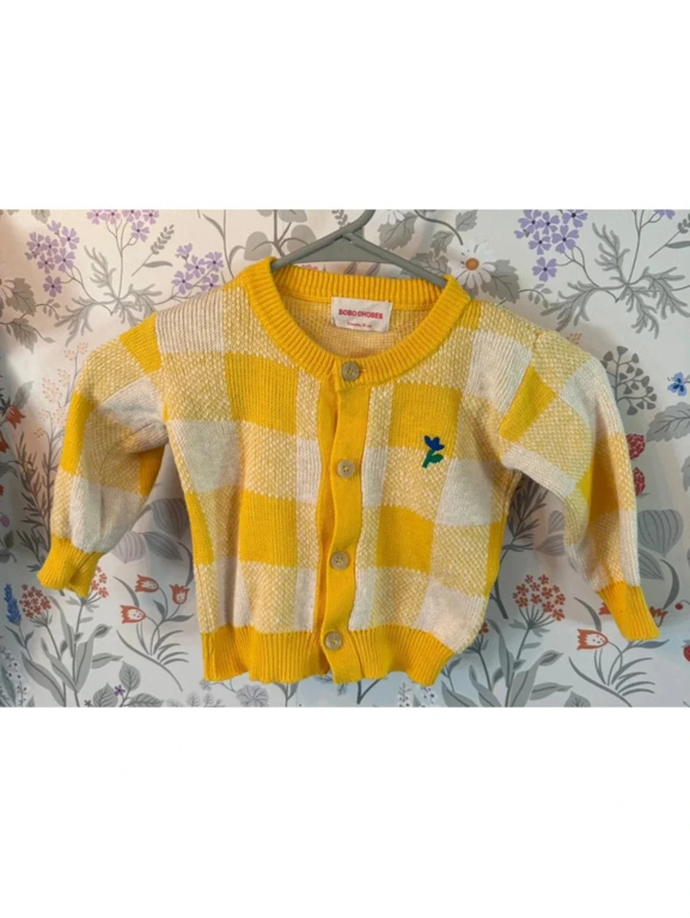 Bobo Choses Baby Yellow Check Knit Cardigan 9M 74cm Made in Spain